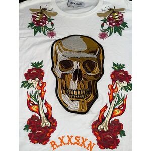 Reason Clothing Mens XXL White Embroidered Skull Rose Bee Graphic T-Shirt NWT